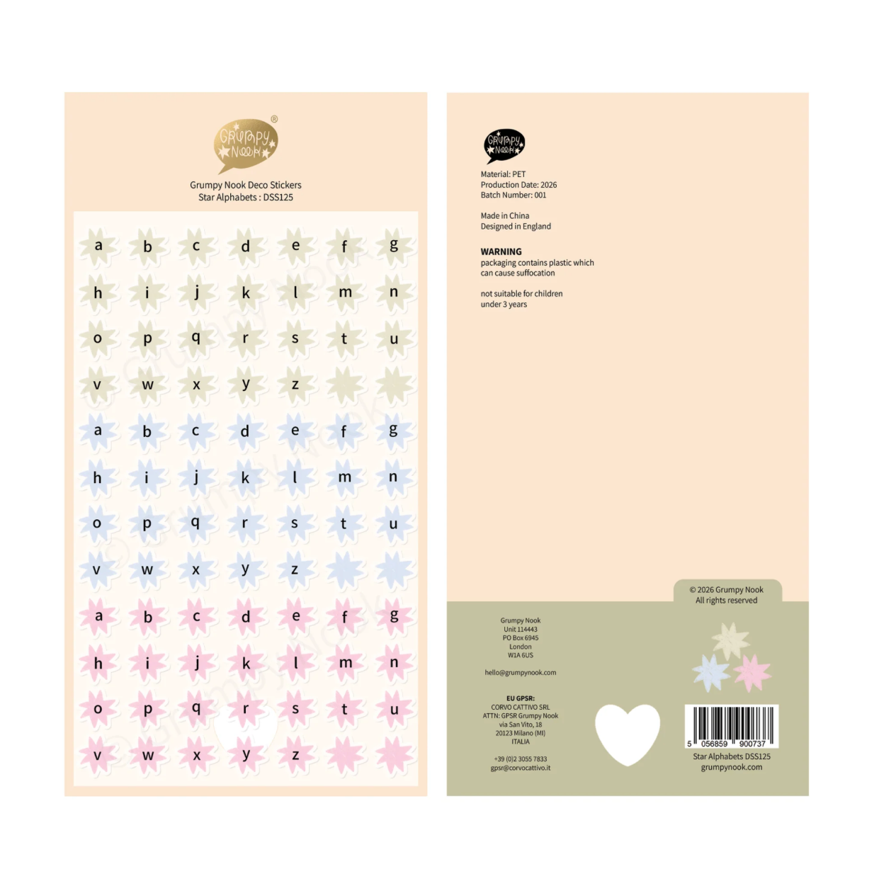 Grumpy Nook Deco Sticker Sheet - Star Alphabet
