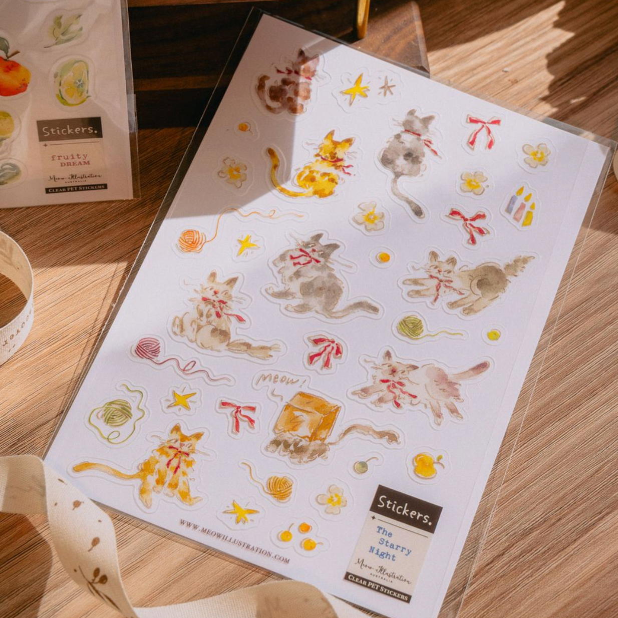 Meow Illustration Clear PET Sticker Sheet - The Starry Night