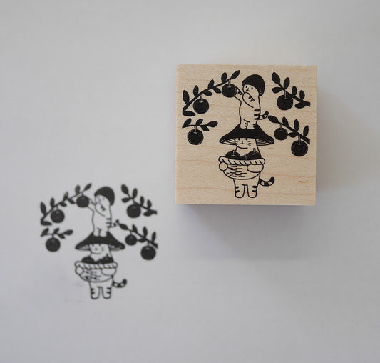 4legs Mushroom Cat Rubber Stamp - Apple Picking