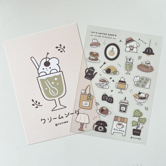 YuYing Illustration Clear Sticker Sheet with Postcard - YuYing's Coffee Shop