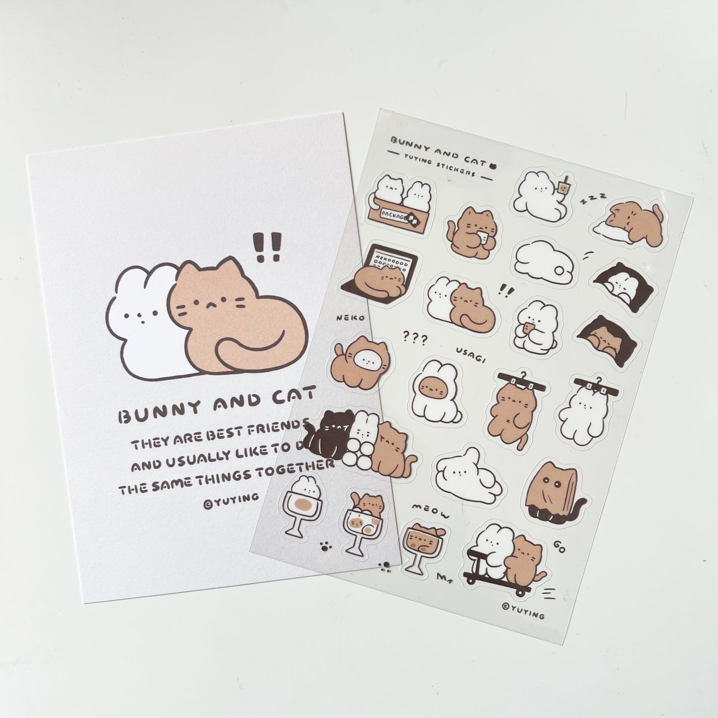 YuYing Illustration Clear Sticker Sheet with Postcard - Bunny and Cat