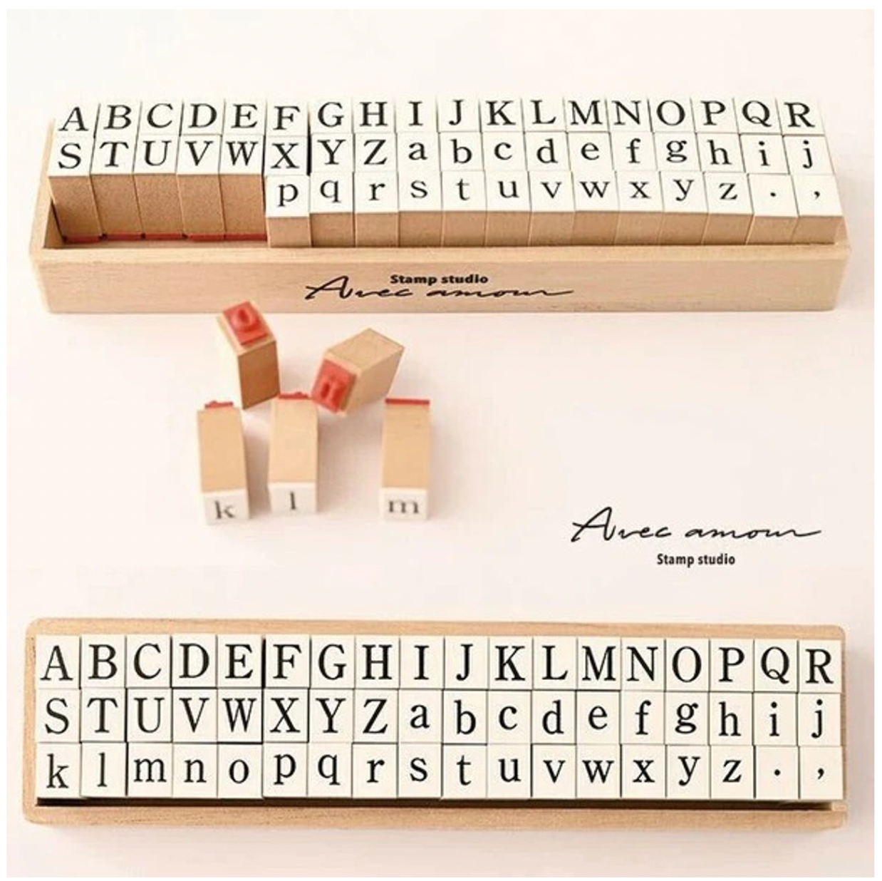 Sanby x Avec Amour Rubber Stamp Set - Alphabet in Wooden Box