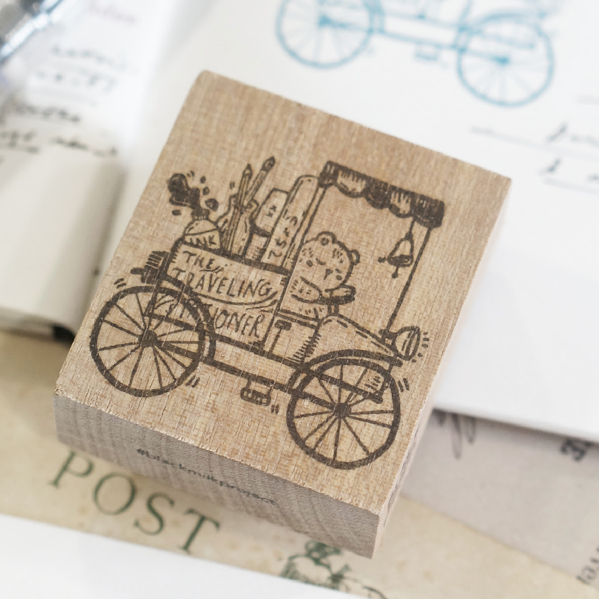 Black Milk Traveling Stationer Rubber Stamp - Bear on Cart