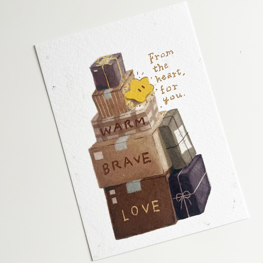 Yamadoro Postcard with Gold Foiling - Warm, Brave, Love