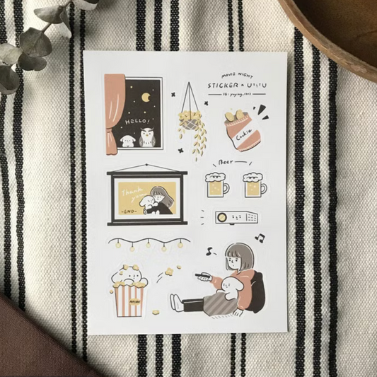 YuYing Illustration Waterproof Sticker Sheet - Movie Night