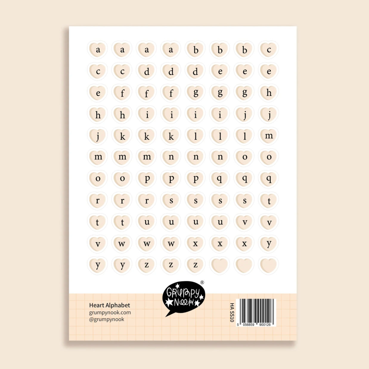 Grumpy Nook A6 Sticker Sheet - Heart Alphabet 1