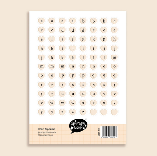 Grumpy Nook A6 Sticker Sheet - Heart Alphabet 1