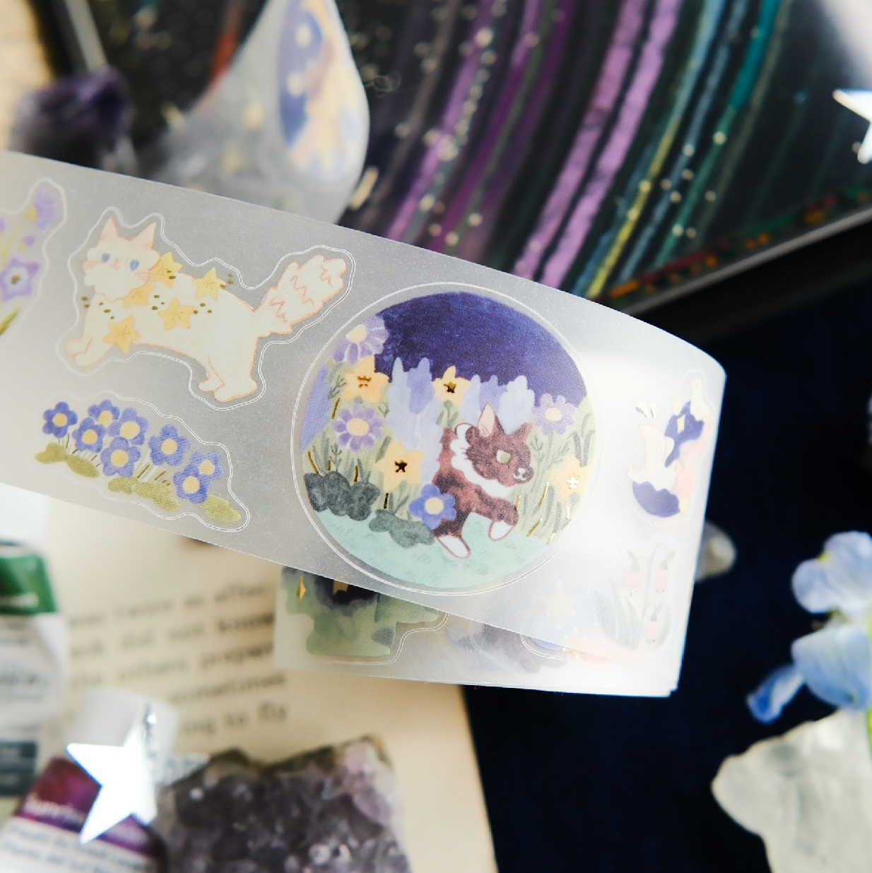 Teayou Kiss-Cut Tracing Paper Tape with Gold Foil - Cat and Lights