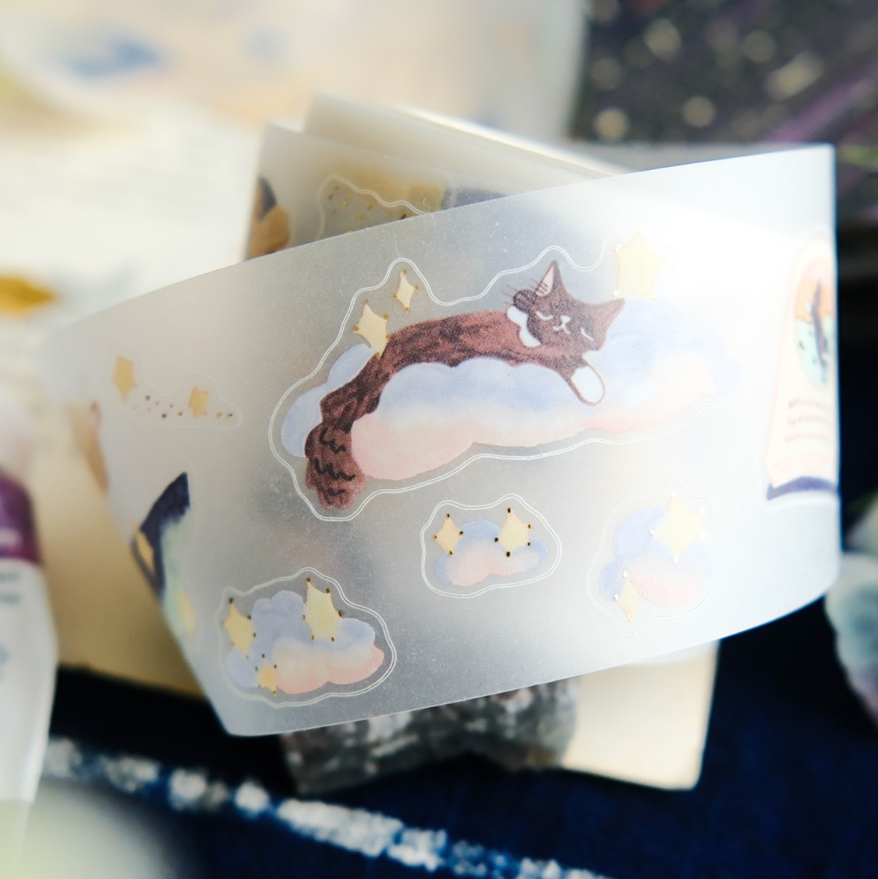 Teayou Kiss-Cut Tracing Paper Tape with Gold Foil - Cat and Lights