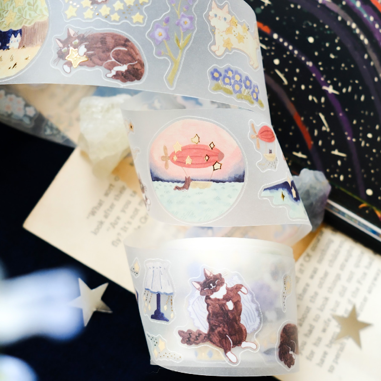 Teayou Kiss-Cut Tracing Paper Tape with Gold Foil - Cat and Lights