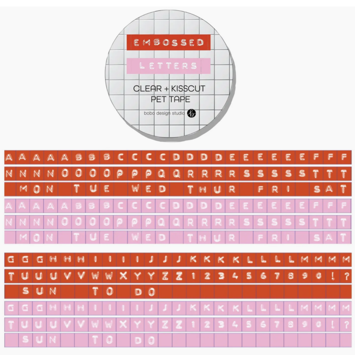 Bobo Design Studio Embossed Letters Kiss Cut PET Tape - Red and Pink