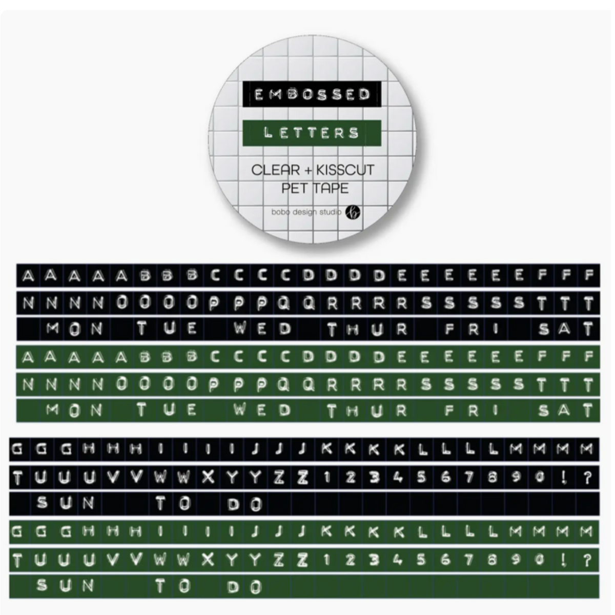 Bobo Design Studio Embossed Letters Kiss Cut PET Tape - Black and Green
