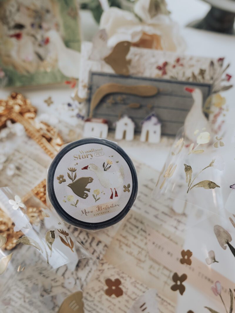 Meow Illustration PET Tape - Woodland Story with Matte Gold