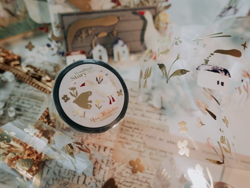 Meow Illustration PET Tape - Woodland Story with Matte Gold