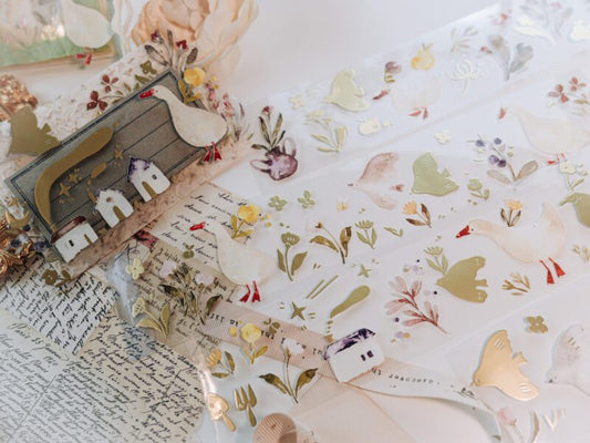 Meow Illustration PET Tape - Woodland Story with Matte Gold