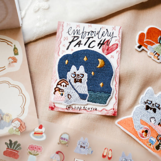Teayou Neko Boyfriend Iron On Embroidery Patch - Night Out